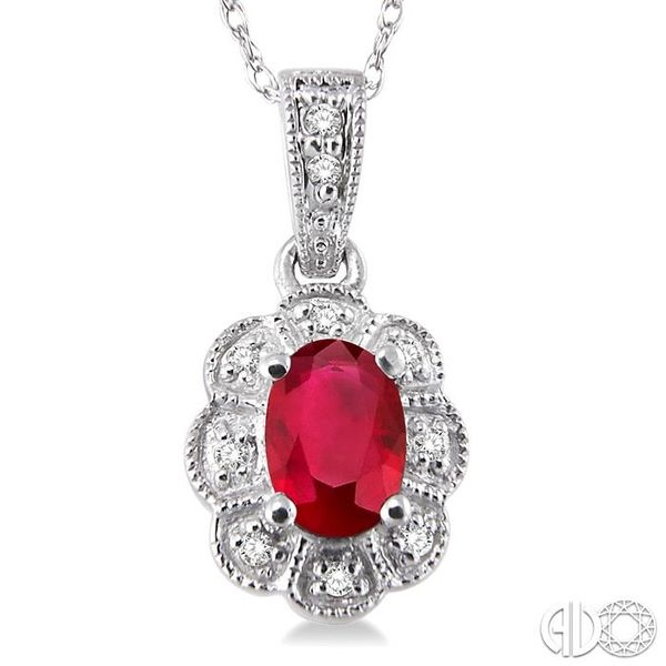 6x4mm Oval Cut Ruby and 1/20 Ctw Single Cut Diamond Pendant in 14K White Gold with Chain Image 3 Becker's Jewelers Burlington, IA