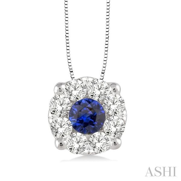 3.8 MM Round Cut Sapphire and 1/3 Ctw Lovebright Precious Pendant in 14K White Gold with Chain Becker's Jewelers Burlington, IA