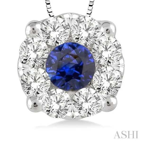 3.8 MM Round Cut Sapphire and 1/3 Ctw Lovebright Precious Pendant in 14K White Gold with Chain Image 3 Becker's Jewelers Burlington, IA