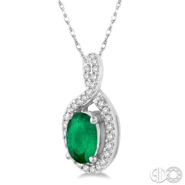 6x4 MM Oval Cut Emerald and 1/10 Ctw Round Cut Diamond Pendant in 14K White Gold with Chain Image 2 Becker's Jewelers Burlington, IA
