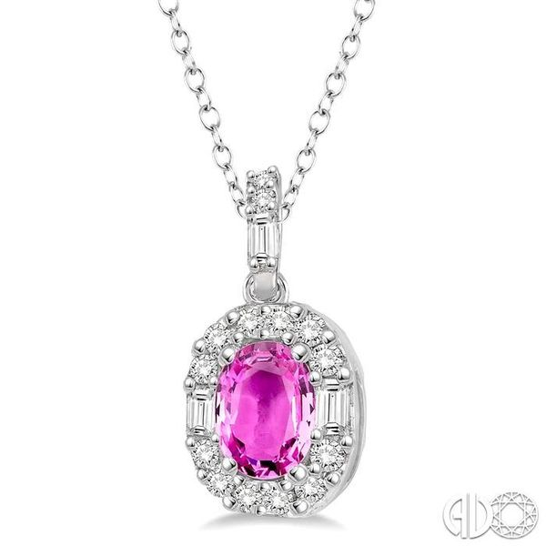 Oval Shape Pink Sapphire and 1/4 Ctw Diamond Pendant in 14K White