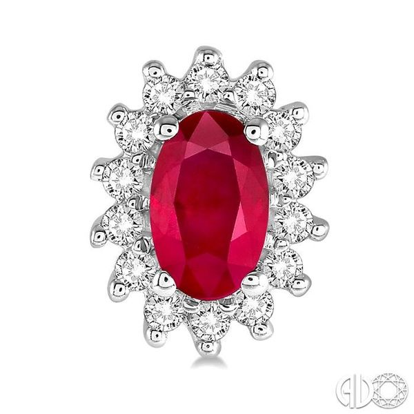 1/5 Ctw Round Cut Diamond and Oval Cut 5x3mm Ruby Center Sunflower Precious Earrings in 10K White Gold Image 2 Becker's Jewelers Burlington, IA