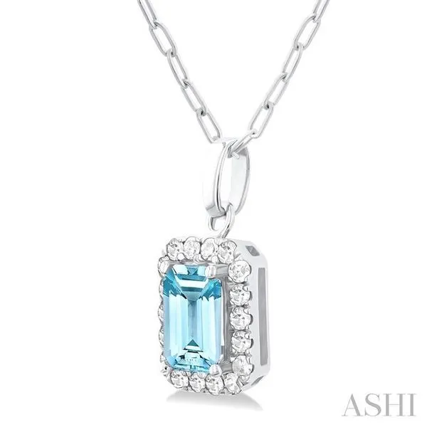 6x4 MM Octagonal Shape Aquamarine and 1/6 Ctw Round Cut Diamond Halo Semi-Precious Pendant with Chain in 10K White Gold Image 2 Becker's Jewelers Burlington, IA