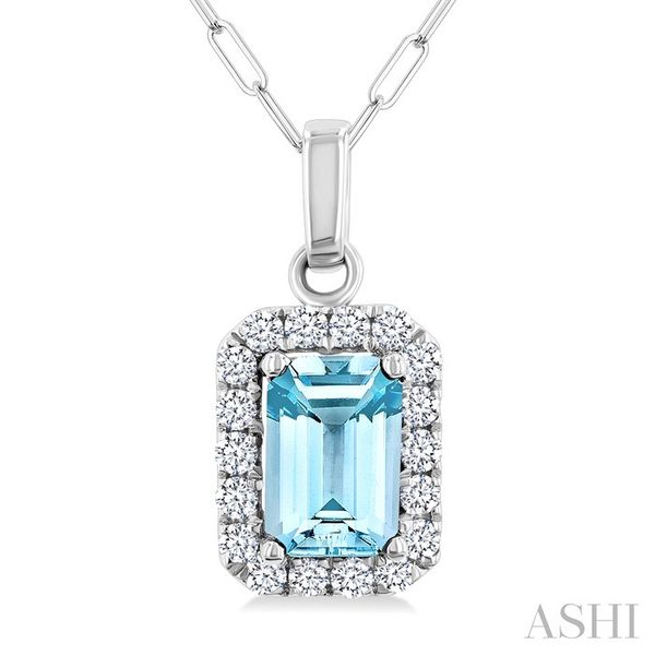 6x4 MM Octagonal Shape Aquamarine and 1/6 Ctw Round Cut Diamond Halo Semi-Precious Pendant with Chain in 10K White Gold Image 3 Becker's Jewelers Burlington, IA