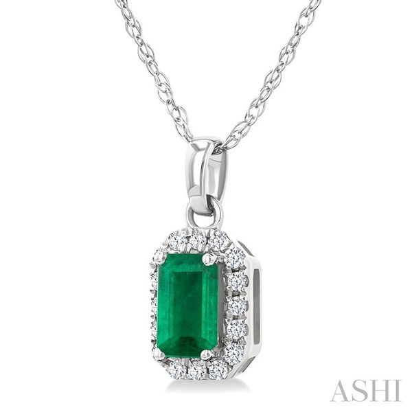 5x3 MM Octagonal Shape Emerald and 1/20 Ctw Round Cut Diamond Halo Precious Pendant with Chain in 10K White Gold Image 2 Becker's Jewelers Burlington, IA