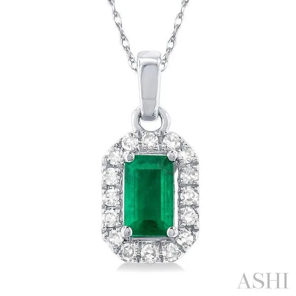 5x3 MM Octagonal Shape Emerald and 1/20 Ctw Round Cut Diamond Halo Precious Pendant with Chain in 10K White Gold Image 3 Becker's Jewelers Burlington, IA