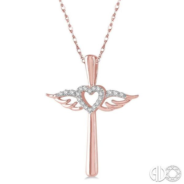 1/10 ctw Angel Wing & Heart Round Cut Diamond Cross Pendant With Chain in 10K Rose Gold Image 2 Becker's Jewelers Burlington, IA