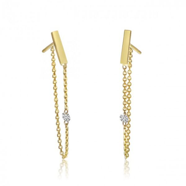 14K Yellow Gold Pierced Diamond Chain Dangling Post Earrings