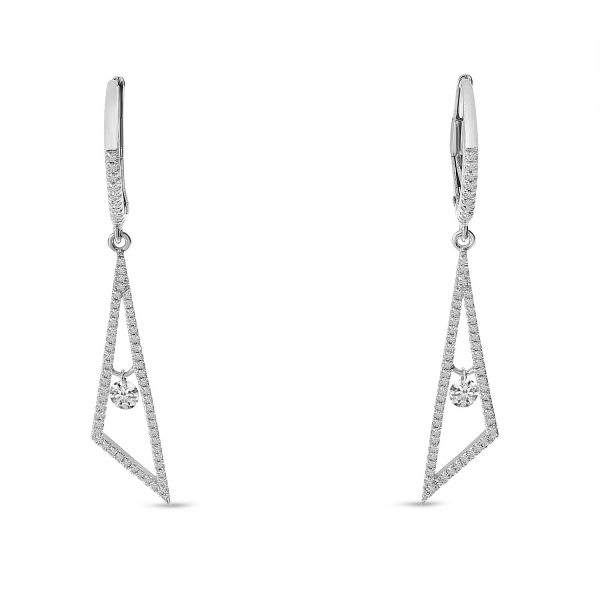 14K White Gold Dashing Diamond Geometric Dangling Triangle Earrings