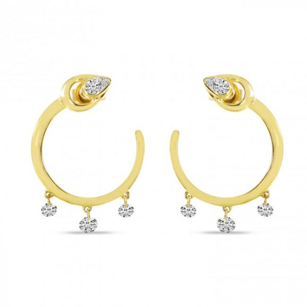 14K Yellow Gold Dashing Diamond Pear Front Hoop Three stone pierced Earrings