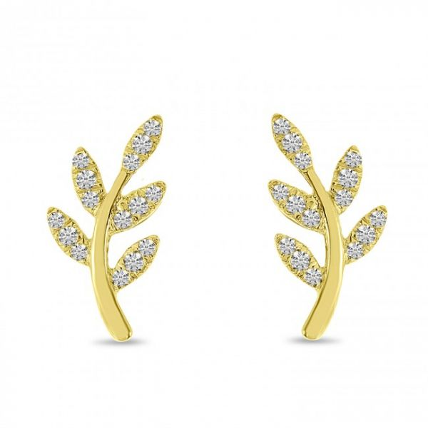 14K Yellow Gold Diamond Leaf Post Earrings