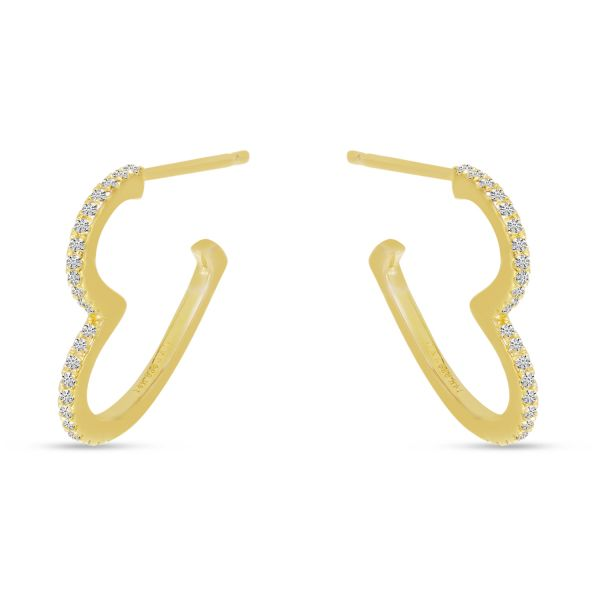 14K Yellow Gold Diamond Open Heart Hoop Earrings