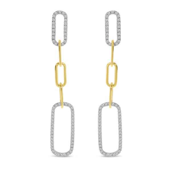 14K Yellow Gold Diamond Paperclip Link Long Earrings