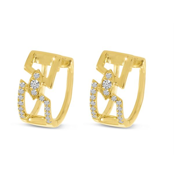 14K Yellow Gold Geometric Open Diamond Huggie Earrings
