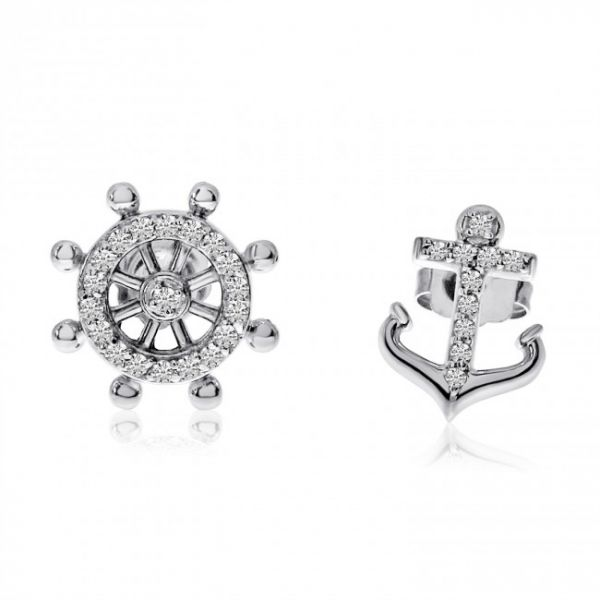 14K White Gold Anchor and Whip Mismatch Diamond Fashion Earrings