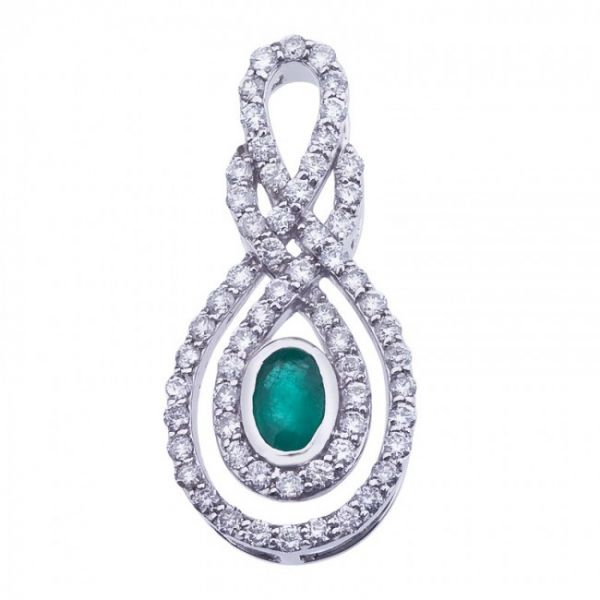 14K White Gold Precious Oval Emerald and .90 Ct Diamond Pendant