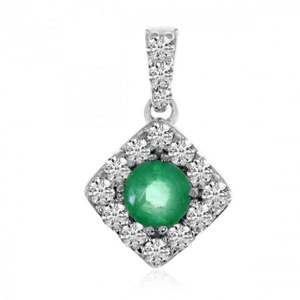 14K White Gold Round Precious Emerald and Diamonds Square Pendant
