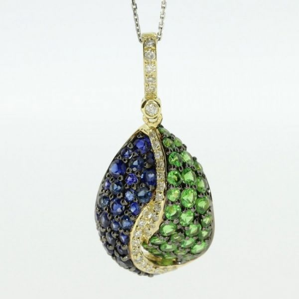 14k Yellow Gold Pear Shaped Sapphire Green Garnet and Diamond Pendant