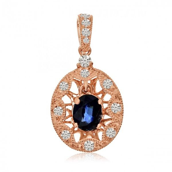 14K Rose Gold Oval Sapphire and Diamond Precious Filigree Cage Pendant