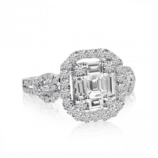 14K White Gold Baguette and Round Diamonds Fancy Cushion Ring