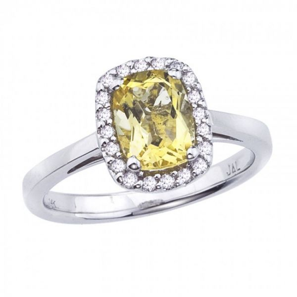 14K White Gold 8x6 mm Faceted Cushion Citrine and Diamond Fashion Ring