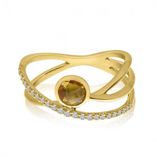 14K Yellow Gold Round Bezel Citrine Criss Cross Semi Precious Fashion Ring