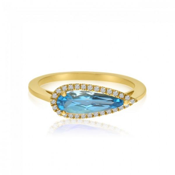 14K Yellow Gold Elongated Pear Blue Topaz and Diamond Semi Precious Ring