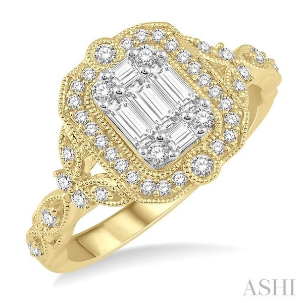 5/8 Ctw Intricate lattice Round Cut and Baguette Diamond Ring in 14K Yellow and White gold Chandlee Jewelers Athens, GA