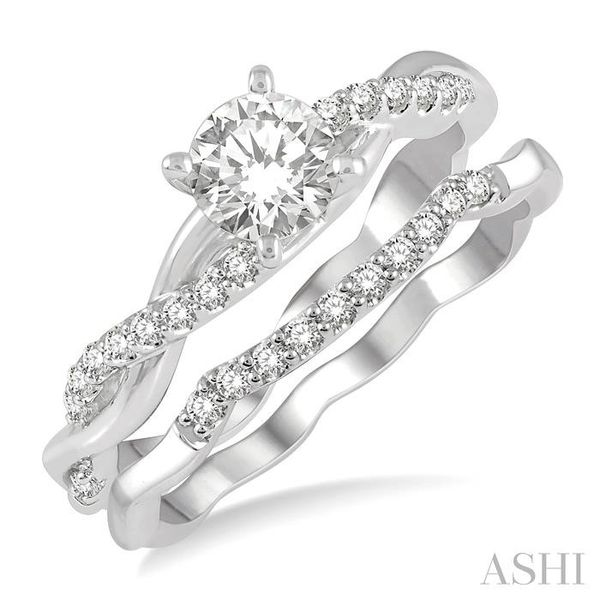 3/4 Ctw Diamond Wedding Set With 5/8 ct Round Center Diamond Twisted Engagement Ring and 1/10 ct Wedding Band in 14K White Gold Chandlee Jewelers Athens, GA