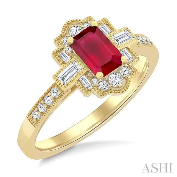 6X4 MM Octagon Shape Ruby and 1/3 Ctw Art Deco Mixed Cut ...