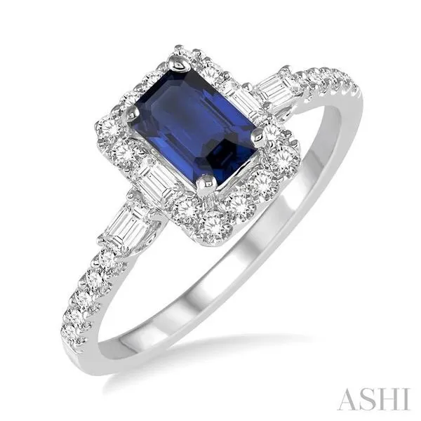 6x4 MM Octagon Cut Sapphire and 1/2 ctw Round Cut Diamond...