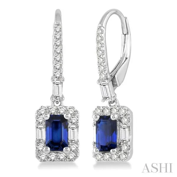 5x3 MM Octagon Cut Sapphire and 1/2 ctw Round Cut Diamond...