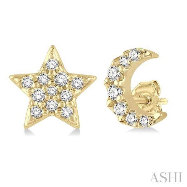 1/10 ctw Star & Crescent Mix Round Cut Diamond Petite Fashion Stud Earring in 10K Yellow Gold Chandlee Jewelers Athens, GA