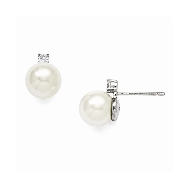 Sterling Silver Rhodium Plated Faux Shell Pearl & CZs Earrings Ace Of Diamonds Mount Pleasant, MI