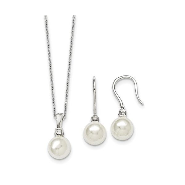 Sterling Silver Majestic Rhodium Plated White Shell Pearl & CZs Earrings & Necklace Ace Of Diamonds Mount Pleasant, MI
