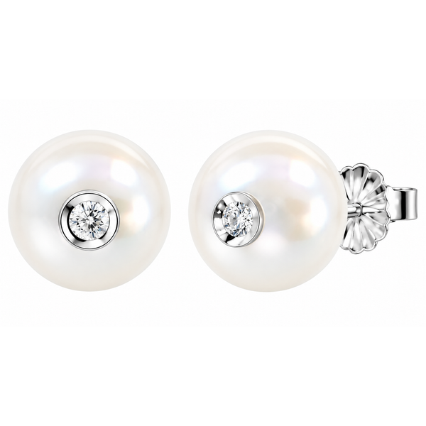 14K White Gold Galatea Diamond and White Pearl Stud Earrings Ace Of Diamonds Mount Pleasant, MI