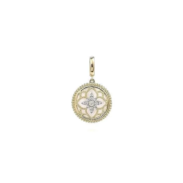 Gabriel & Co Diamond and Mother of Pearl Medallion Pandant Aires Jewelers Morris Plains, NJ
