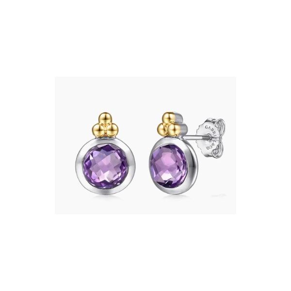 Gabriel & Co. Yellow Gold and Amethyst Stud Earrings Aires Jewelers Morris Plains, NJ