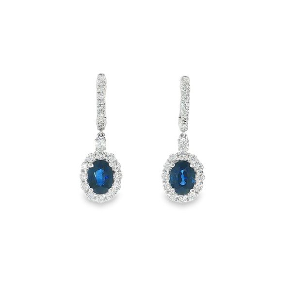 Blue Sapphire & Diamond Halo Dangle Earrings Aires Jewelers Morris Plains, NJ