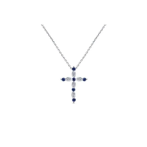 Gabriel & Co Diamond and Sapphire Cross Pendant Aires Jewelers Morris Plains, NJ