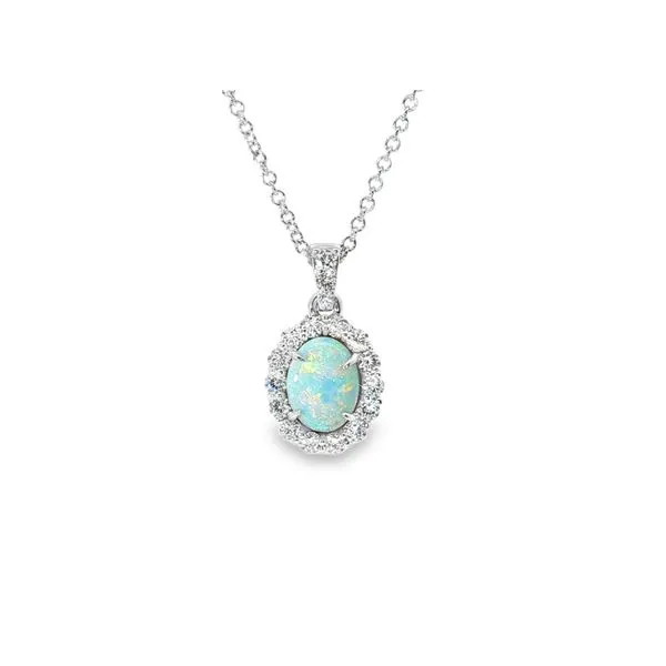 Aires Opal and Diamond Halo Pendant Aires Jewelers Morris Plains, NJ