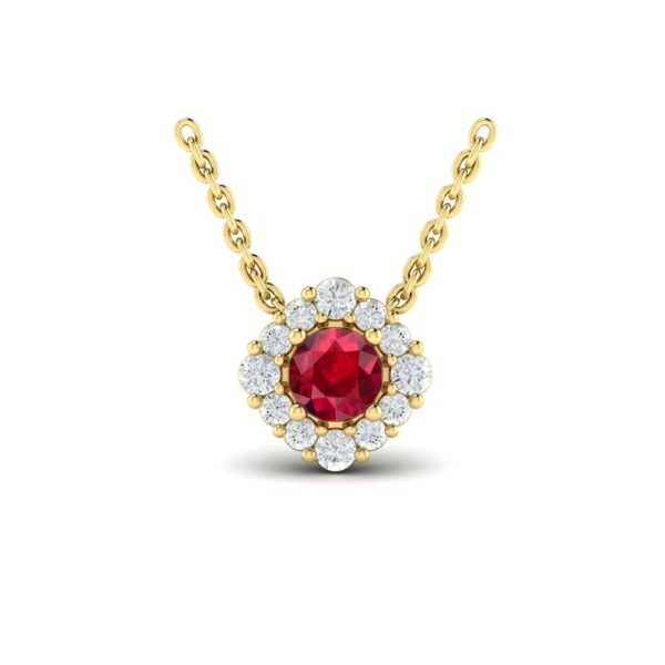 Diamond Halo and Round Ruby Center Pendant Aires Jewelers Morris Plains, NJ