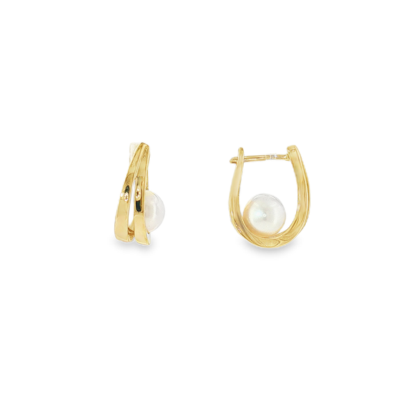 14K Yellow Gold 7mm Pearl Double Loop Huggie Earrings Aires Jewelers Morris Plains, NJ