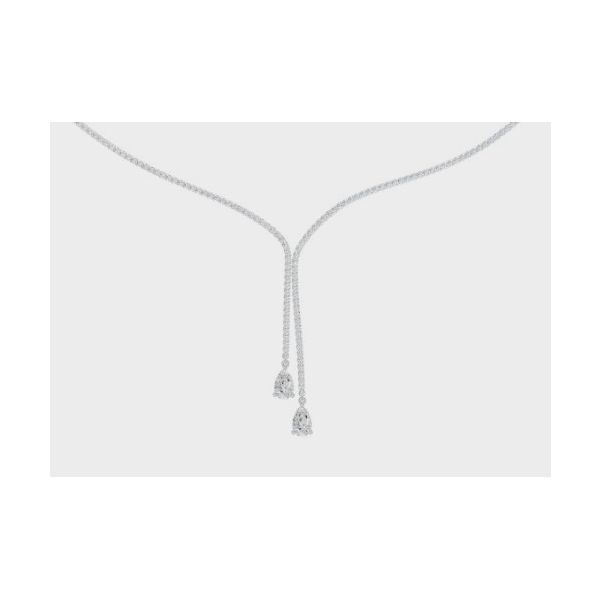 14 KT White Gold, this necklace features 3.5 CTW of dazzling pear lab grown diamonds. Albert's Jewelers Kingsland, GA