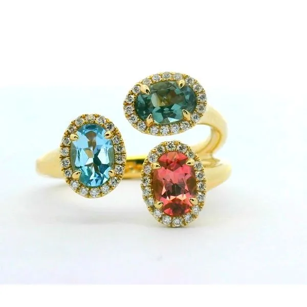 14Kt Yg .39Ct Oval Aquamarine, .97Cttw Pink & Blue Tourmaline With .20Ctw Diamond Oval Halos In Open Space Design Albert's Jewelers Kingsland, GA