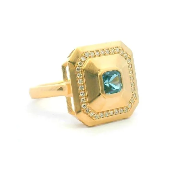 14Kt Yellow Gold .55Ct Square Cut London Blue Topaz & .18Ctw Round Diamonds Around Edge Of Art Deco Style Ring Image 2 Albert's Jewelers Kingsland, GA