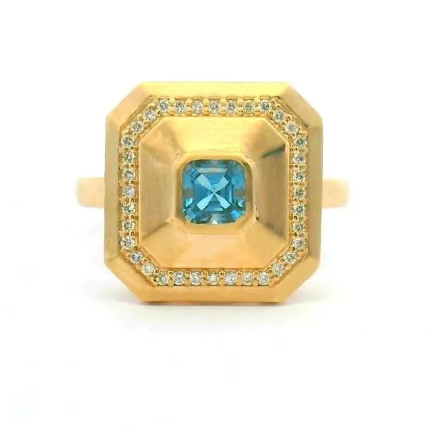 14Kt Yellow Gold .55Ct Square Cut London Blue Topaz & .18Ctw Round Diamonds Around Edge Of Art Deco Style Ring Albert's Jewelers Kingsland, GA