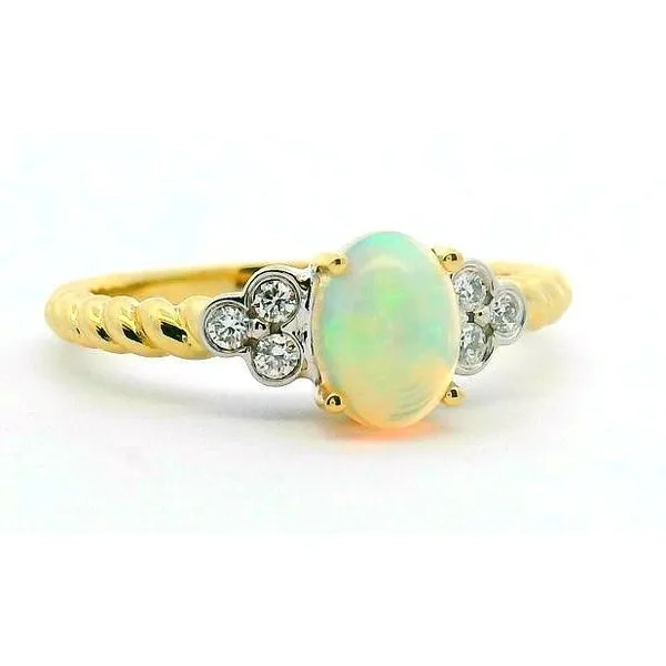 14Kt Two Tone .56Ct Oval Opal & .09Ctw Diamond Accented Ring With Bubble Detail On Band Image 2 Albert's Jewelers Kingsland, GA