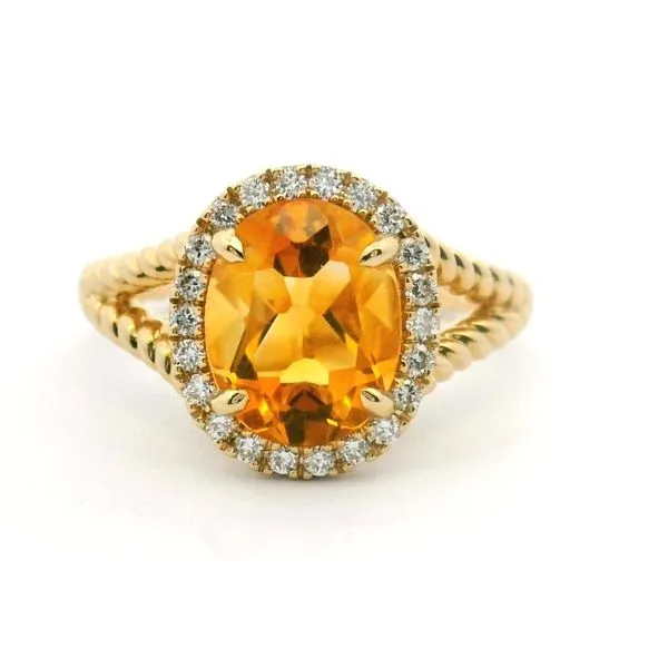 14Kt Yellow Gold 2.23Ct Oval Citrine With .21Ctw Diamond Halo Ring With Split Shank Rope Detail Albert's Jewelers Kingsland, GA