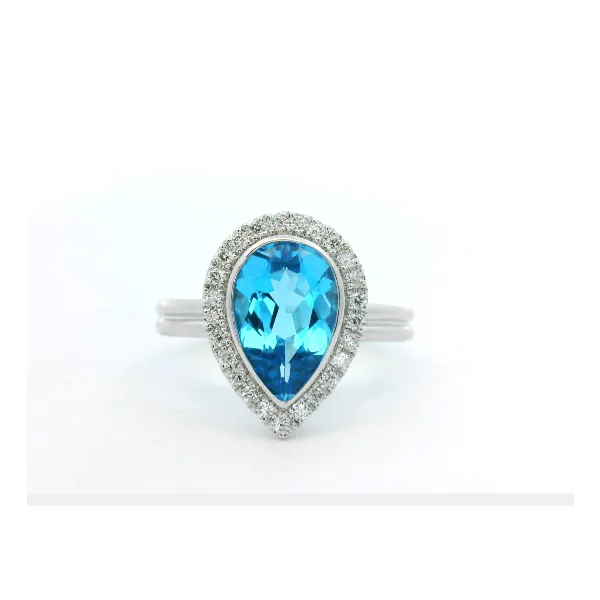 14Kt White Gold 2.54Ct Pear Shaped Blue Topaz With 0.19Ctw Diamond Halo Ring Albert's Jewelers Kingsland, GA